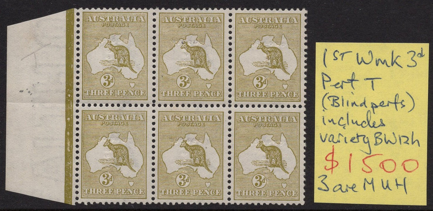 Australia BW 12h SG 5 3d Three Pence Kangaroo Perf. T Mint Block of 6 Stamps