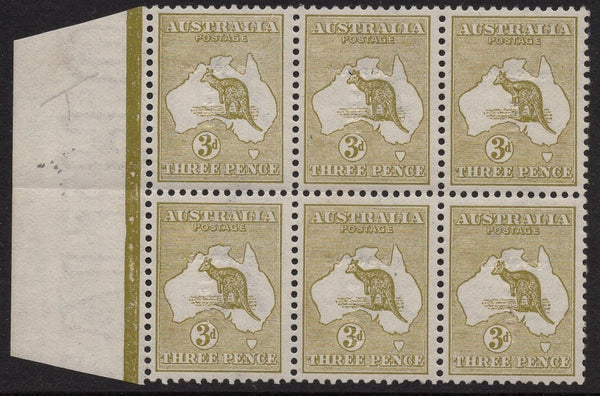 Australia BW 12h SG 5 3d Three Pence Kangaroo Perf. T Mint Block of 6 Stamps