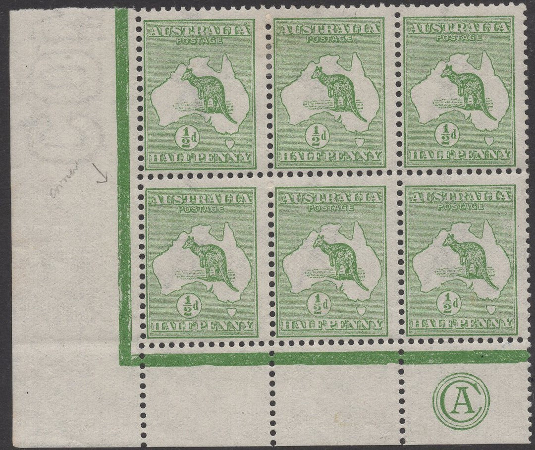 Australia SG 1 Half Penny Kangaroo CA Monogram Block of 6 Stamps Mint