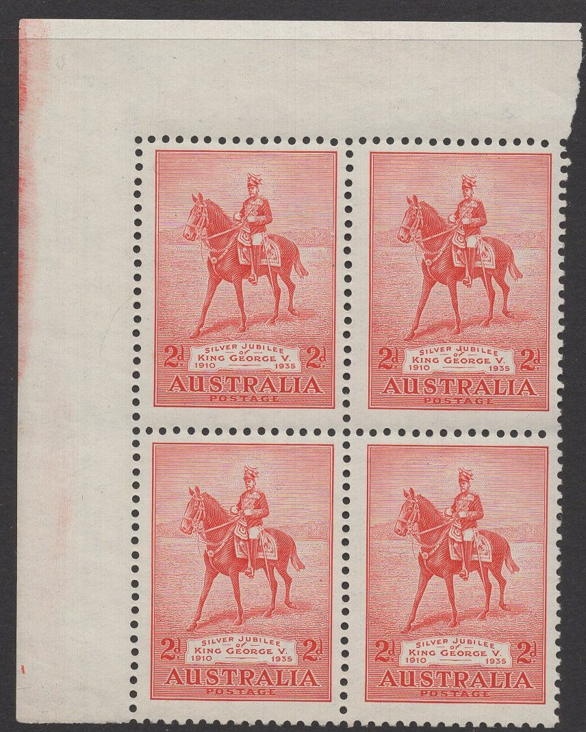 Australia SG 156 1935 2d Silver Jubilee "Missing Plate Number" Block of 4 MUH