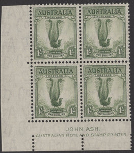Australia BW 208zd 1/- Lyre Bird Ash Imprint Block of 4 Stamps MUH