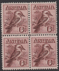 Australia SG19 6d Engraved Kookaburra Block of 4 1 stamp MUH