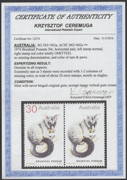 Australia SG 563a 1974 30c Possum Missing Red Error Stamp MUH