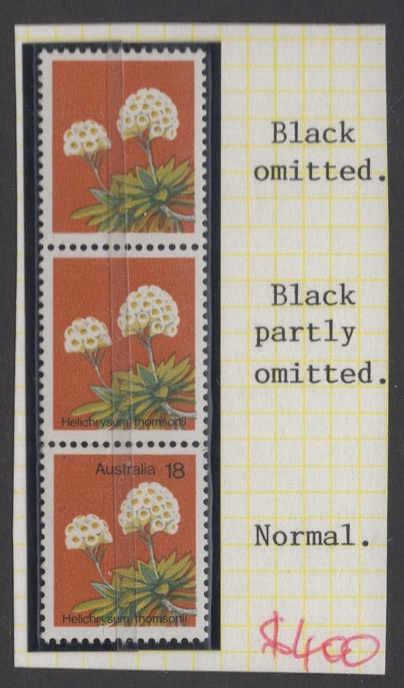 Australia 1978 18c Wildflower Missing Black Error Strip of 3 Stamps MUH