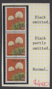 Australia 1978 18c Wildflower Missing Black Error Strip of 3 Stamps MUH