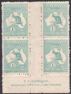 Australia SG 40b BW 33z 1/-  Kangaroo Die2b Imprint Block of 4 Mint Stamps 3rd Watermark