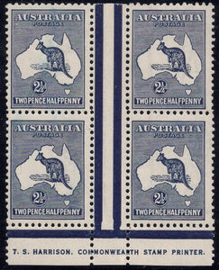 Australia SG 36b BW 11zh Two Pence Halfpenny Kangaroo Harrison Imprint Block of 4 OFFSET