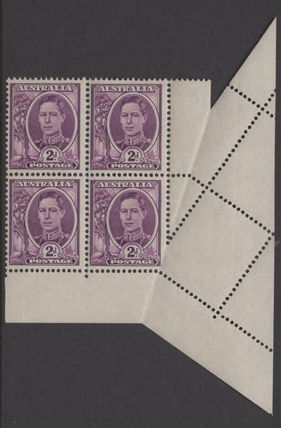 Australia SG 230 1948 2d Purple KGVI Misperfed error Block of 4 Stamps MUH