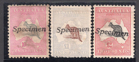 Australia SG 14s-16s 10/-, £1, £2, Specimen Kangaroo Set 3 Stamps