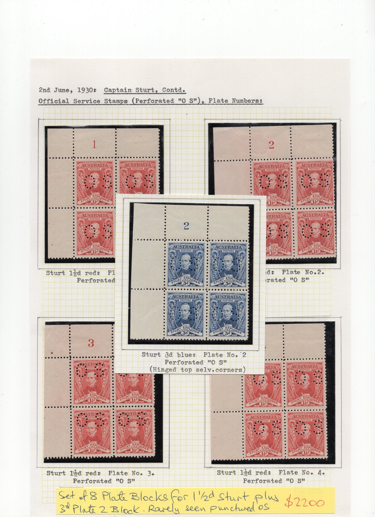Australia SG 117 & 118 1½ & 3d Sturt Perforated OS Plate Numbered Block of 4 MUH