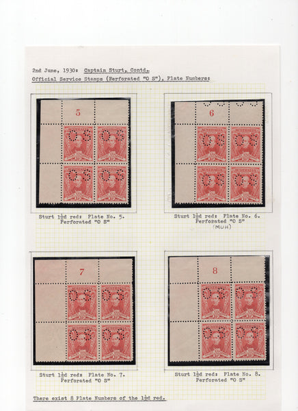 Australia SG 117 & 118 1½ & 3d Sturt Perforated OS Plate Numbered Block of 4 MUH