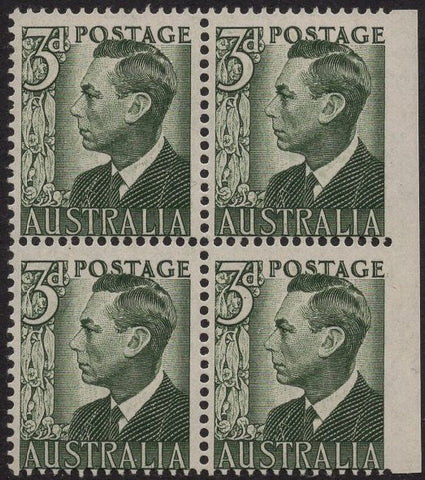 Australia SG 237d 3d KGVI Imperf Block of 4 Stamps MLH