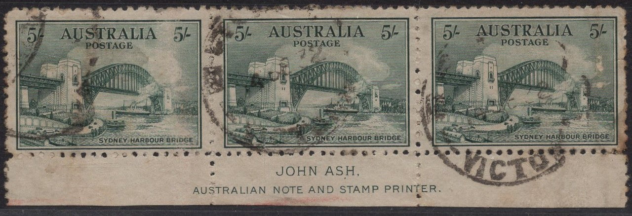 Australia SG 143 5/- Five Shilling Sydney Harbour Bridge Imprint Strip Used Stamps