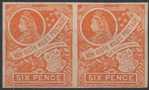 Australian States NSW SG 305a 6d Orange 1888 Centenary Imperforate Pair MLH Stamps