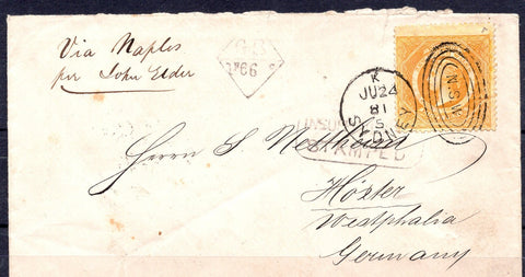 Australian States NSW 1871 8d  Yellow on Cover Sydney to Germany