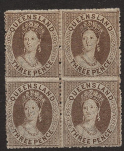 Australian States Queensland SG 16 & 16c 3d Brown Retouch Stamp in Block of 4 mint