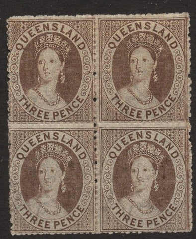 Australian States Queensland SG 16 & 16c 3d Brown Retouch Stamp in Block of 4 mint