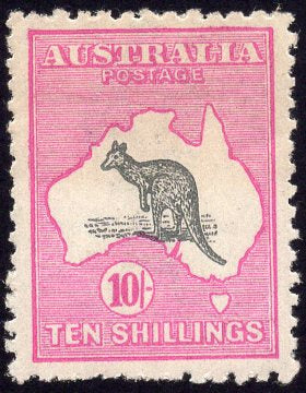 Australia SG 43a 10/- Kangaroo 3rd Watermark Aniline Pink MLH